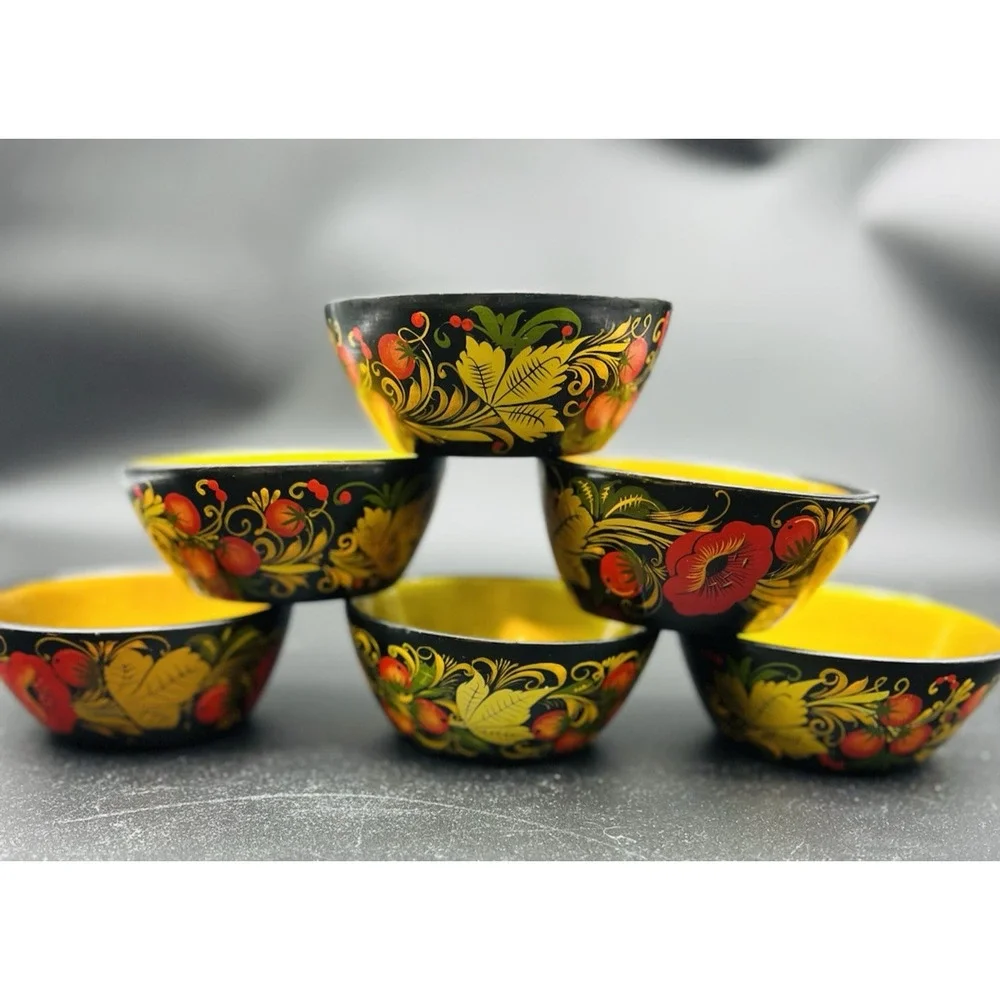 Set of 6 Vintage Khokhloma Hand Painted Wooden Russian Folk Art Bowls USSR